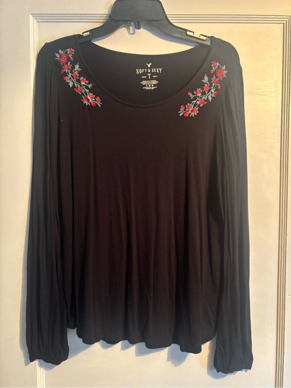 American Eagle Outfitters Black Long-Sleeve Top with Red Floral Embroidery